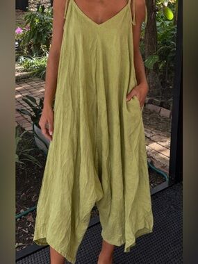 Made In Italy l Green Sleeveless Maxi Jumpsuit Dress 100% Linen